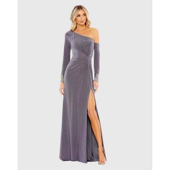 Mac Duggal Size 8 Gray Side Twist Drop Shoulder Beaded Cuff Formal Gown Dress - Picture 1 of 10